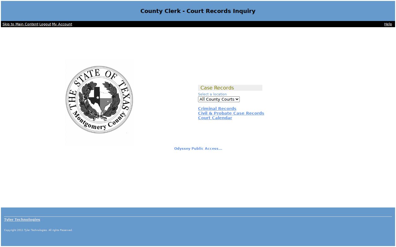 Montgomery County Odyssey public access page with a separate criminal-record selection