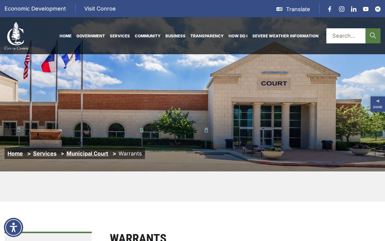 Conroe Municipal Court search and warrant-officer inquiry page