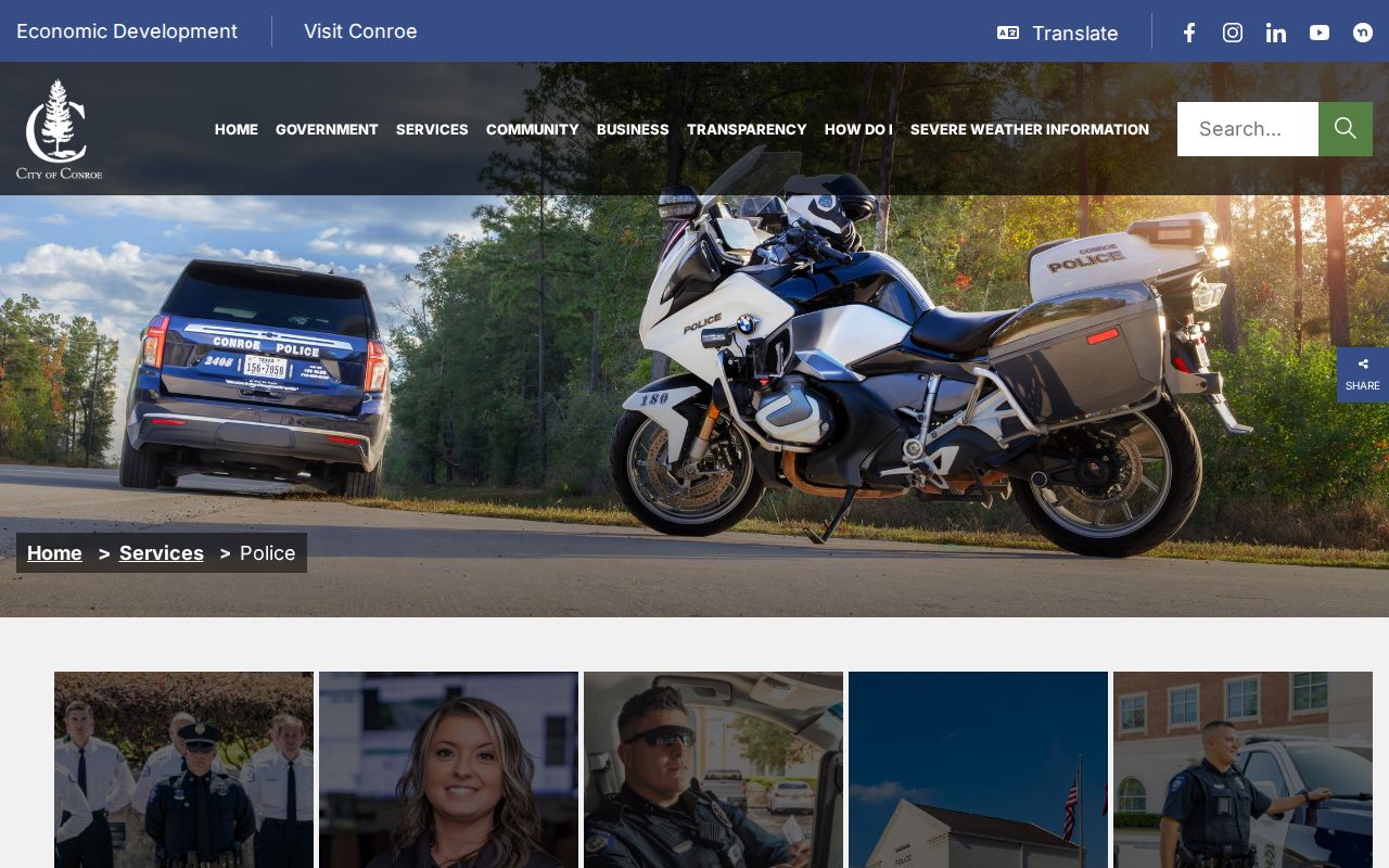 Conroe Police Department official contact page at the shared city facility