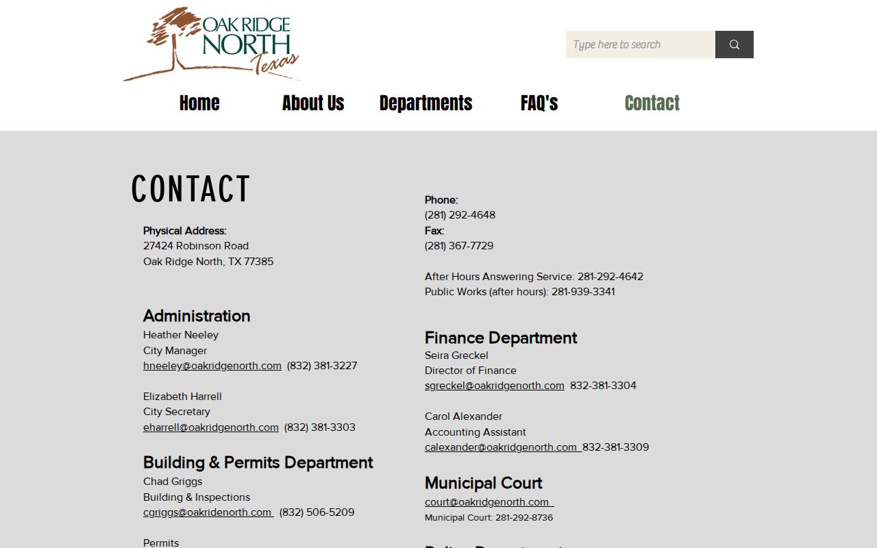Oak Ridge North City Hall and Municipal Court contact page