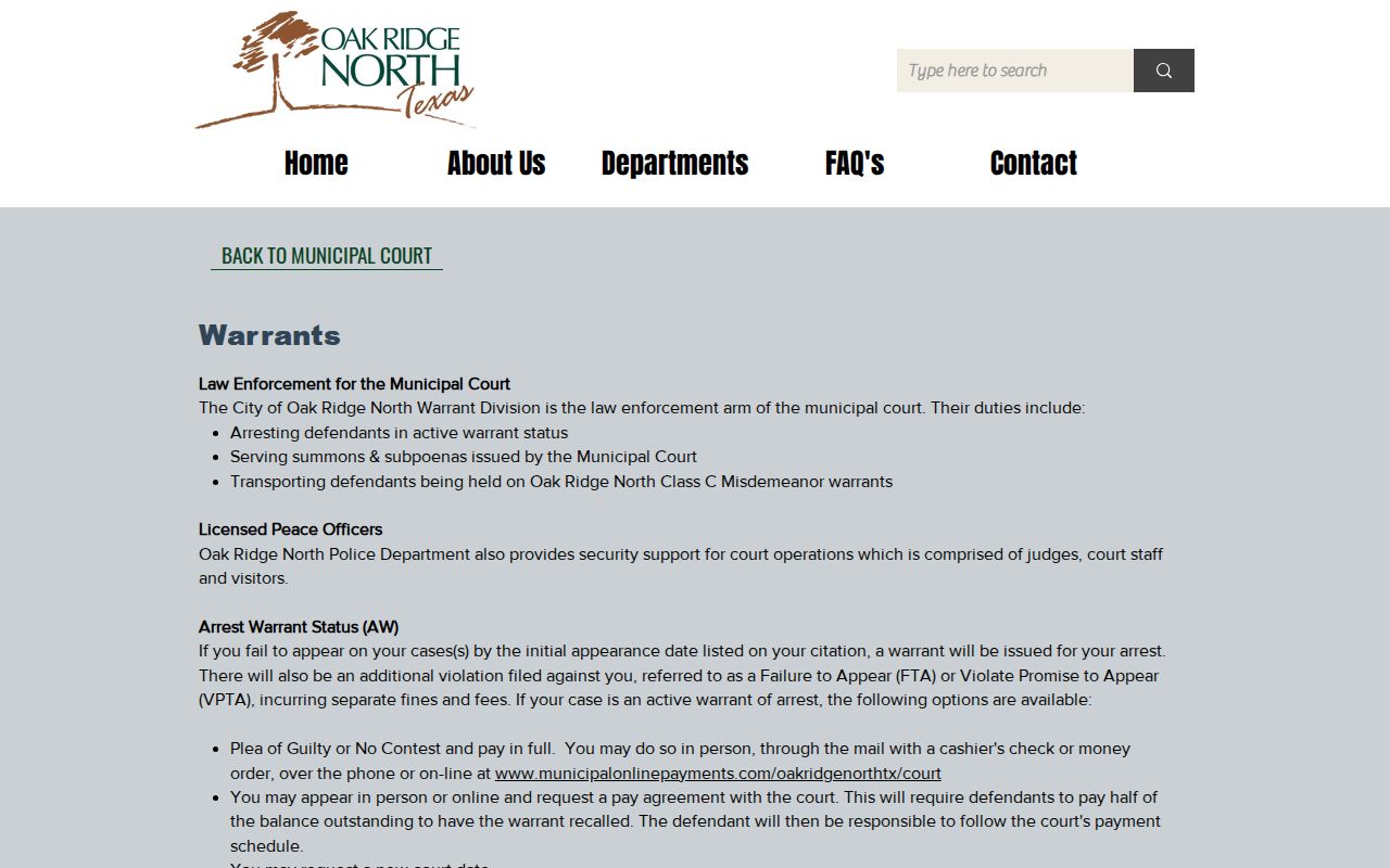 Oak Ridge North official warrant page describing Municipal Court AW and CP procedures