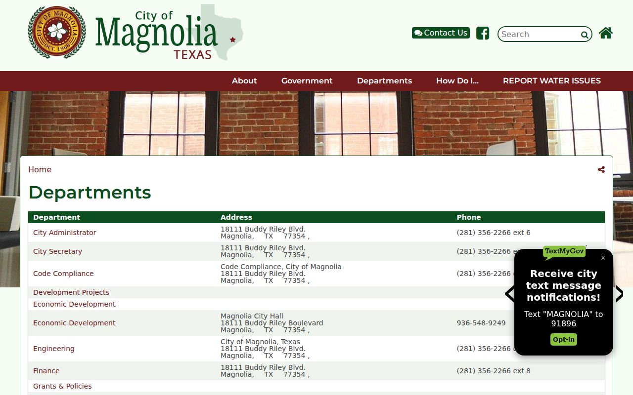 Magnolia city directory with Municipal Court and Police Department contact listings