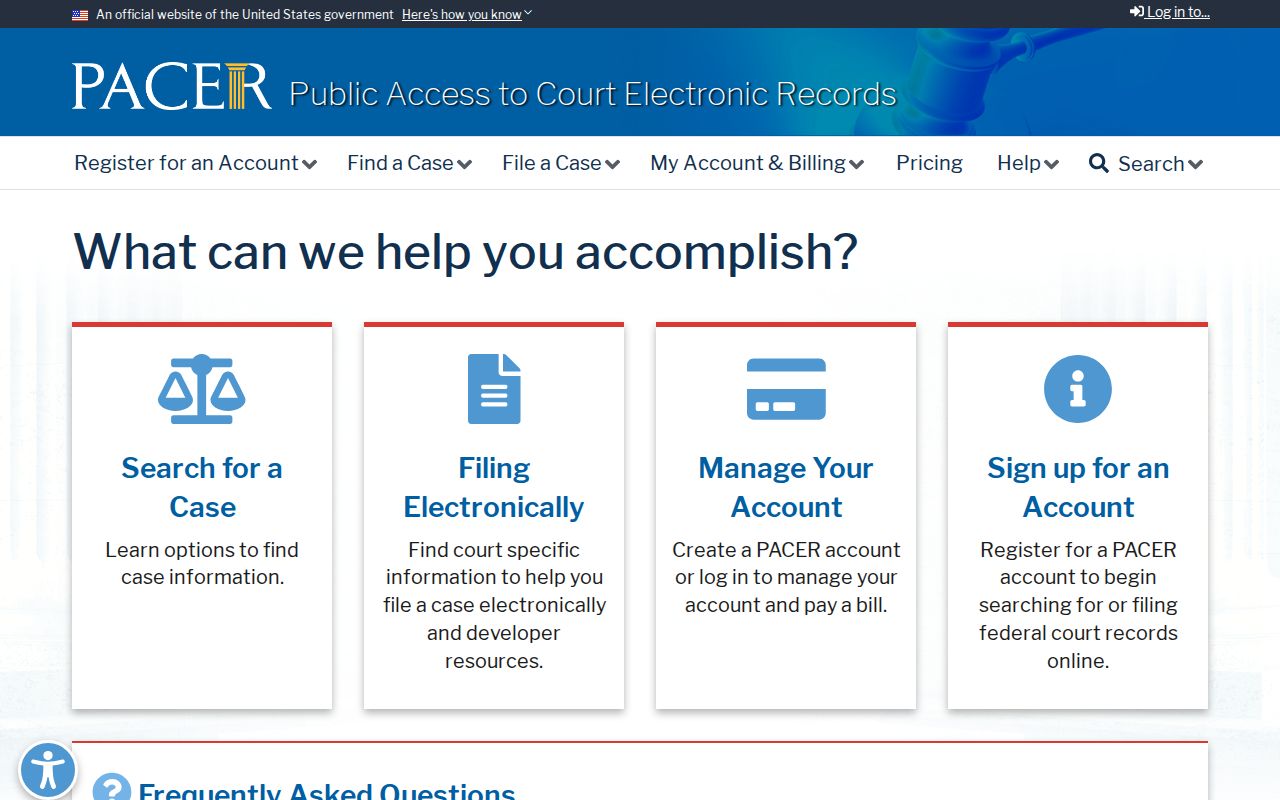 Official PACER case-search, account, and fee information for federal court records