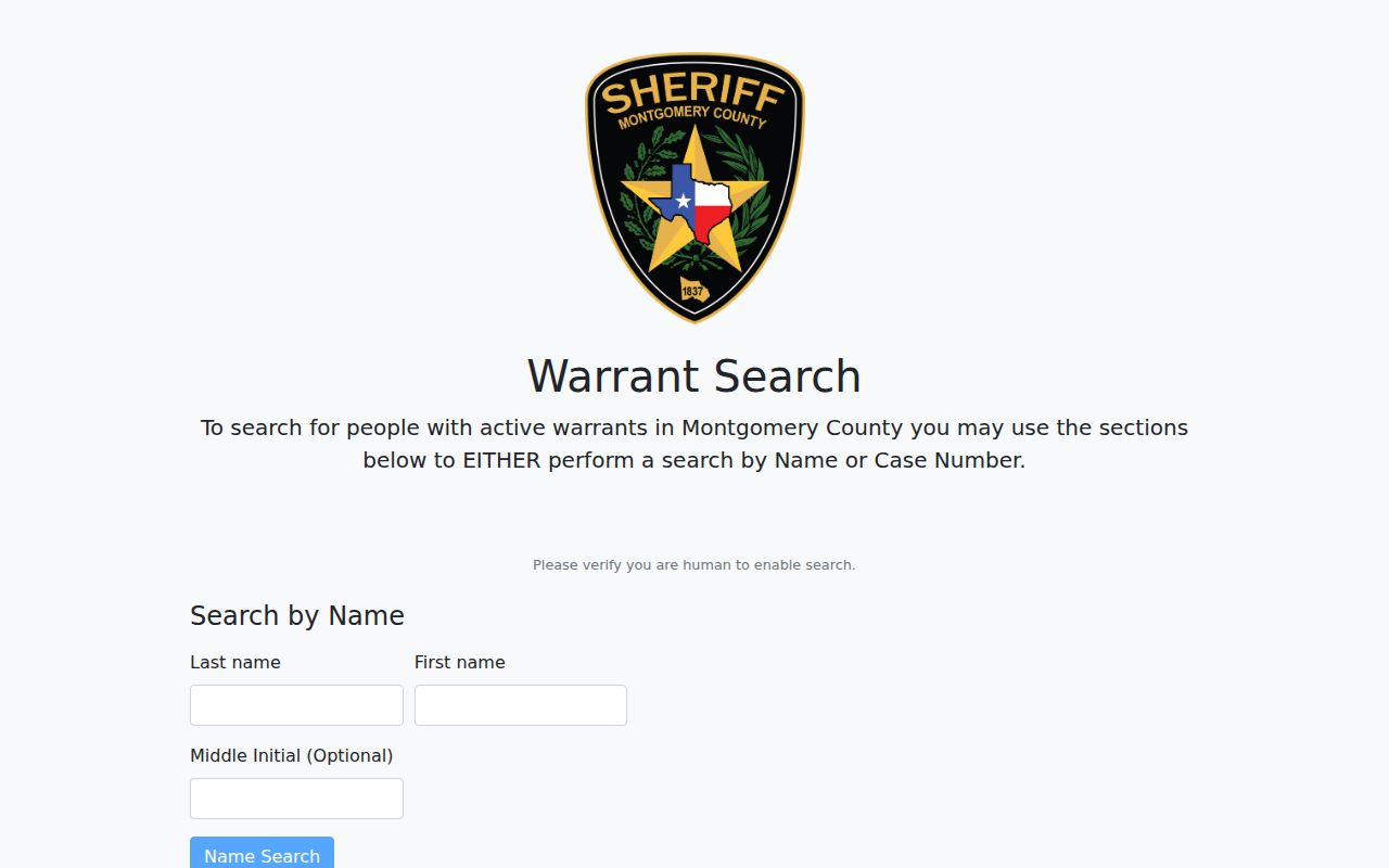 Montgomery County Sheriff's official warrant search with name and warrant-number options
